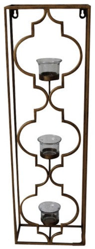 Elegant 63cm hanging tealight holder with Moroccan design, featuring three glass holders in an antique brass frame.