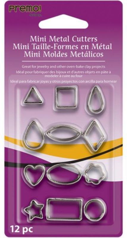 Set of 12 Sculpey mini metal cutters for precise shapes in polymer clay, perfect for jewelry and home decor crafting.