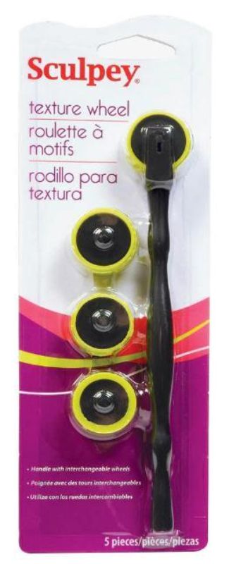 Ergonomic texture wheel set with four interchangeable heads for creating intricate patterns on clay and fondant.