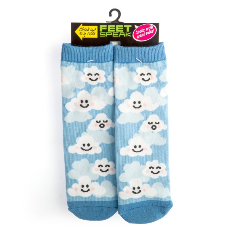 Cozy Speak Socks - Cloud Feet with cheerful cloud print, 'KEEP DREAMIN'' message, and a snug one-size-fits-all fit.