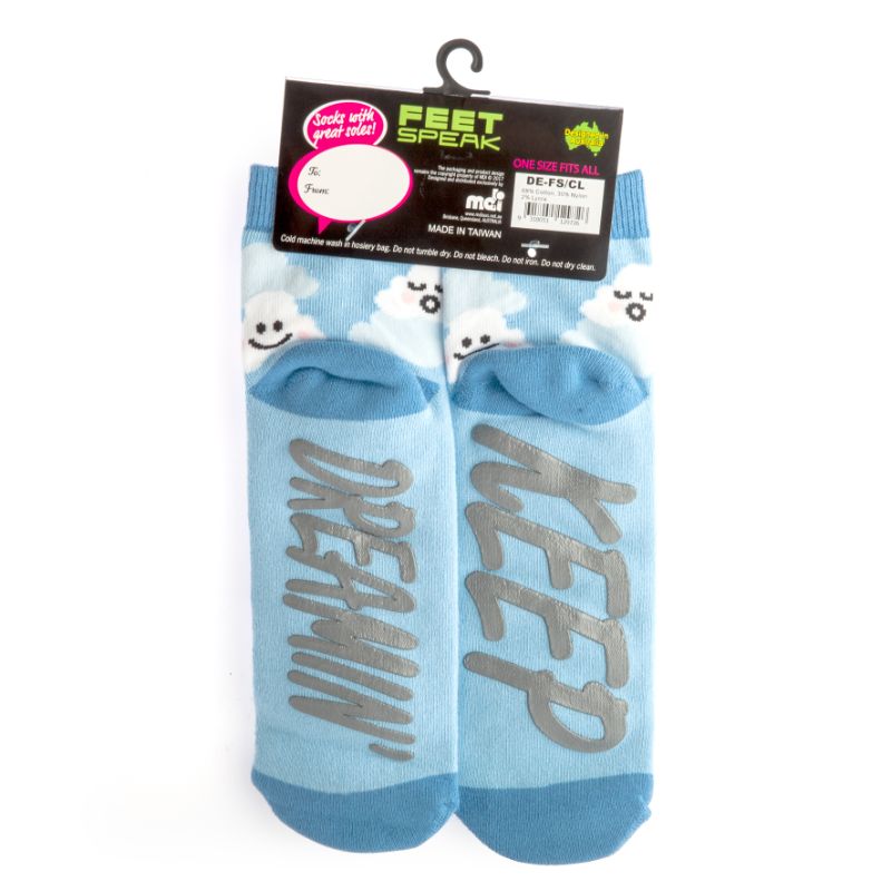 Cozy Speak Socks - Cloud Feet featuring cheerful clouds and 'KEEP DREAMIN'' message, perfect for comfort and style.