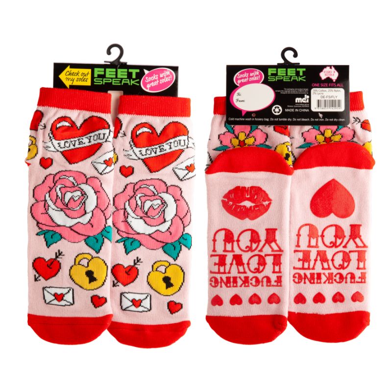 Vibrant pink and red socks with romantic tattoo designs and "I F*CKING LOVE YOU" anti-slip messaging on the bottom.
