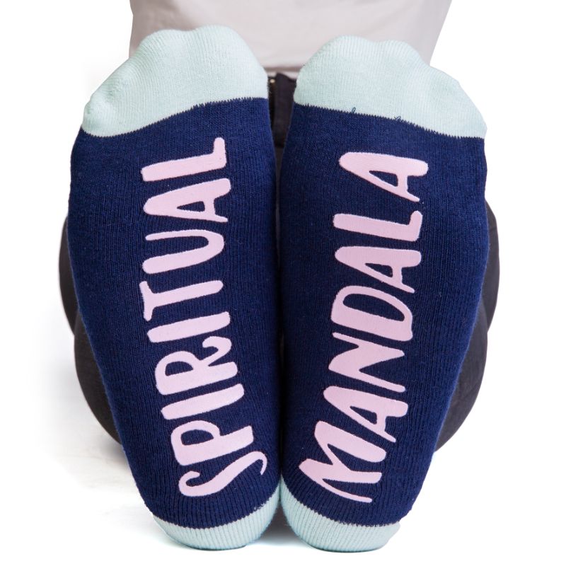 Indigo blue socks featuring intricate mandala art and anti-slip 'SPIRITUAL BALANCE' text, ideal for yoga and casual wear.
