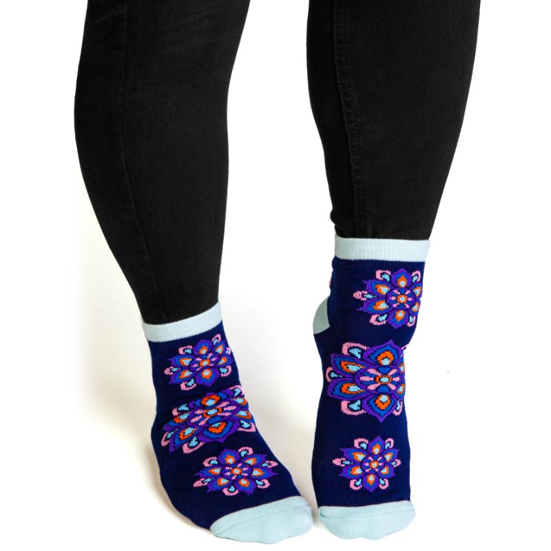 Indigo blue socks with mandala designs, featuring anti-slip 'SPIRITUAL BALANCE' words for yoga and comfort.