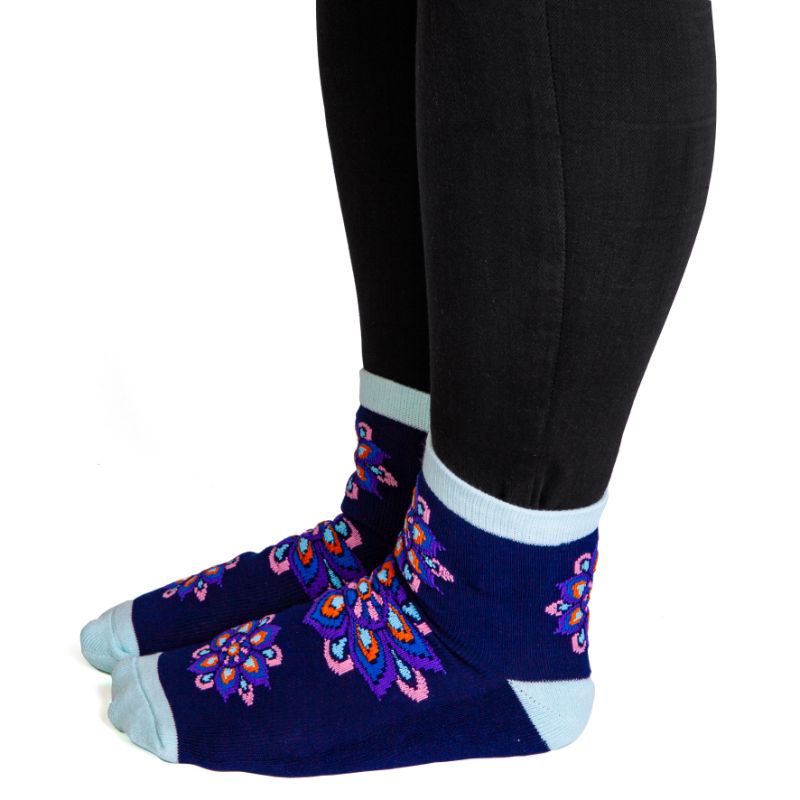 Indigo blue socks with mandala designs and anti-slip 'SPIRITUAL BALANCE' print, perfect for yoga and casual wear.