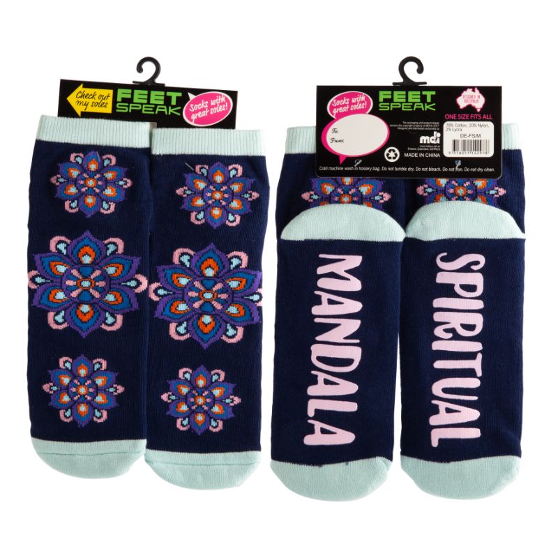 Indigo blue socks with intricate mandala designs and anti-slip "SPIRITUAL BALANCE" print for comfort and style.