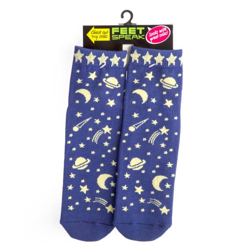 Vibrant cosmic socks with stars and planets design, featuring 'SPACED OUT' phrase; perfect for fun, stylish comfort.