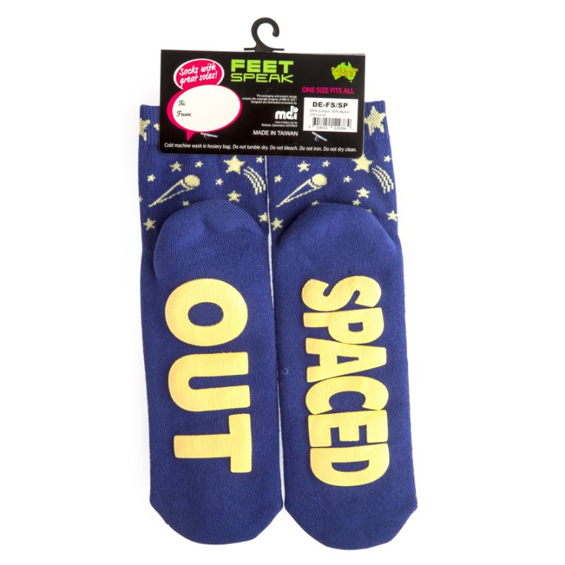 Vibrant socks featuring stars and planets with 'SPACED OUT' on the bottom, perfect for space enthusiasts.