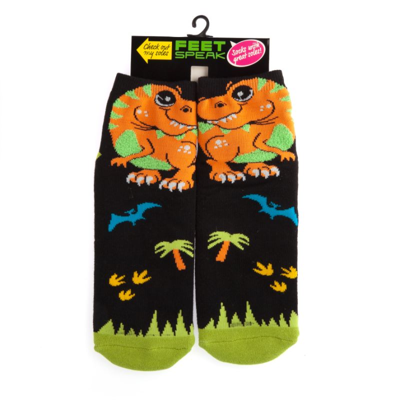 Cozy T-Rex Feet Speak socks with vibrant stripes, anti-slip 'BITE ME' design, ideal for dinosaur lovers and quirky gifts.