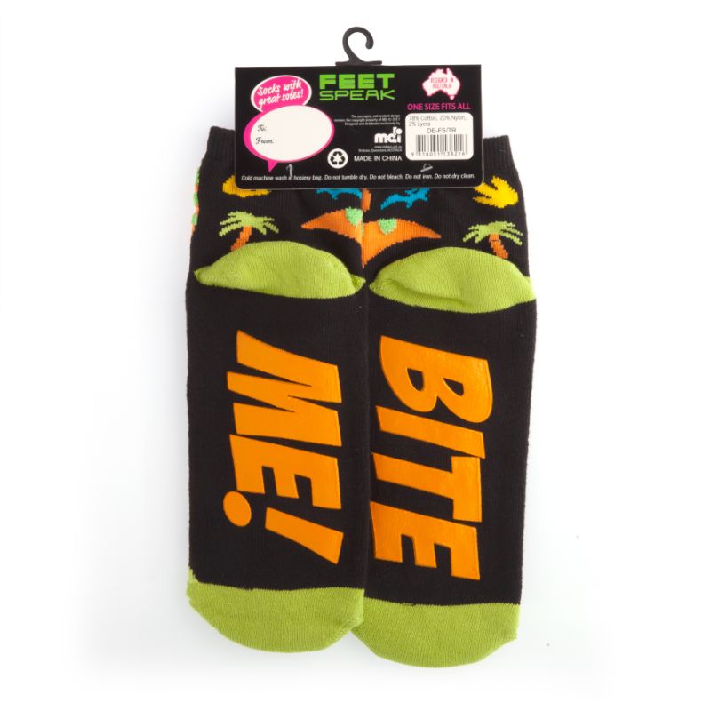 Cozy T-Rex Feet Speak socks featuring vibrant designs and anti-slip "BITE ME" pun for dinosaur lovers.