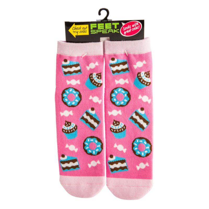 Cozy socks featuring cupcakes and 'TEA TIME' design, perfect for tea lovers and whimsical fashion enthusiasts.