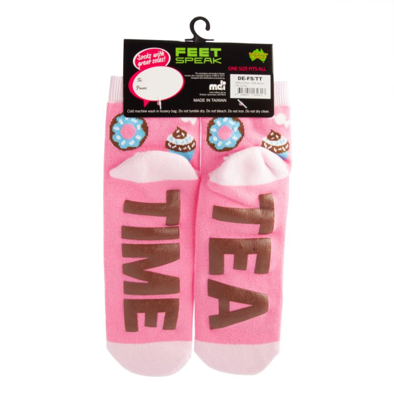 Whimsical 20cm socks featuring cupcakes and 'TEA TIME' text, perfect for tea lovers and cozy lounging.