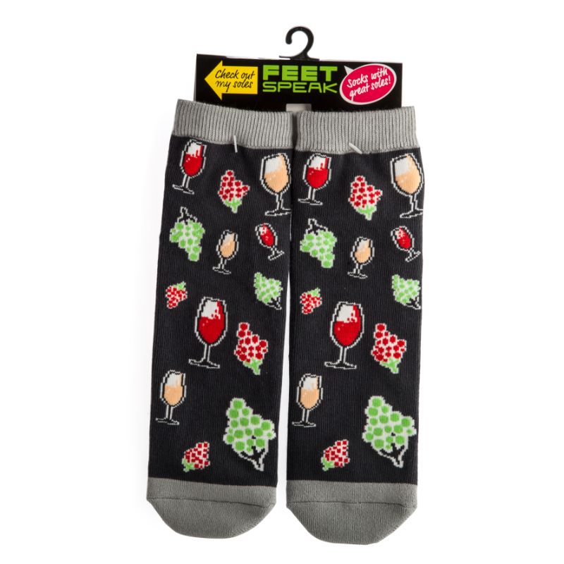 Whimsical 20cm socks with wine glasses, grapes, and 'WINE TIME' print, perfect for wine lovers.