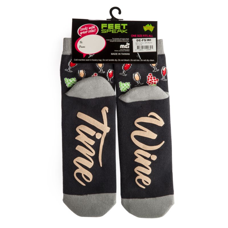 Colorful wine-themed socks featuring glass and grape illustrations, with 'WINE TIME' inscribed on the bottom.