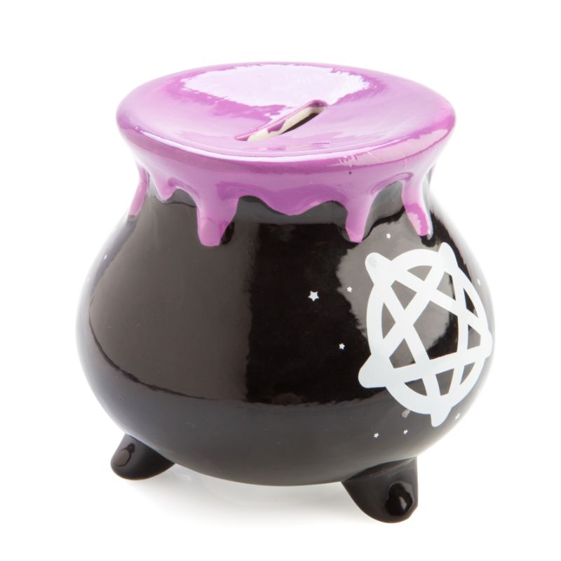 Witches' Brew Cauldron money bank, featuring a starry pentacle design and purple rim drips, perfect for Halloween savings.