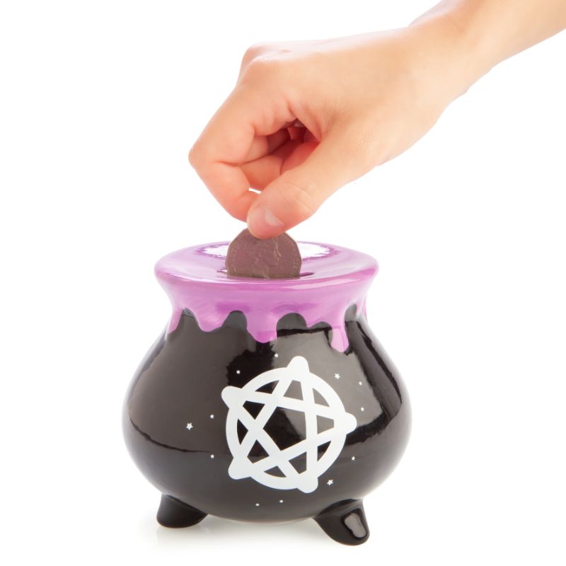 Witches' Brew Cauldron Money Bank with starry pentacle design and purple potion drips, perfect for mystical decor.