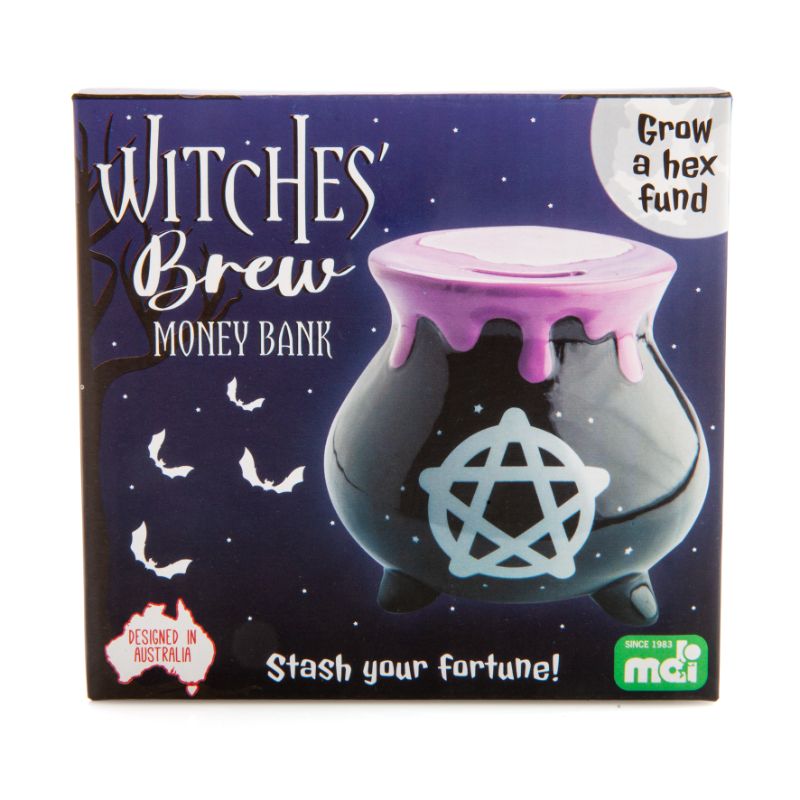 Witches' Brew Cauldron Money Bank with starry pentacle design and purple drips, perfect for spooky decor and saving coins.