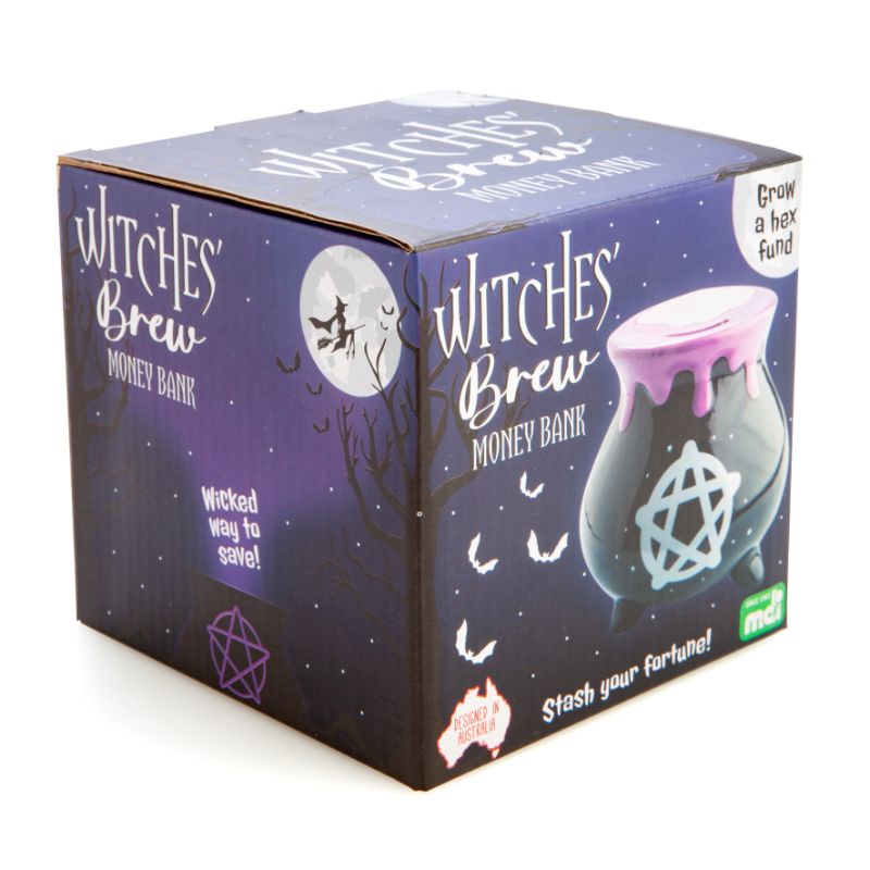Witches' Brew Cauldron Money Bank with starry pentacle design and purple potion drips, perfect for spooky savings.