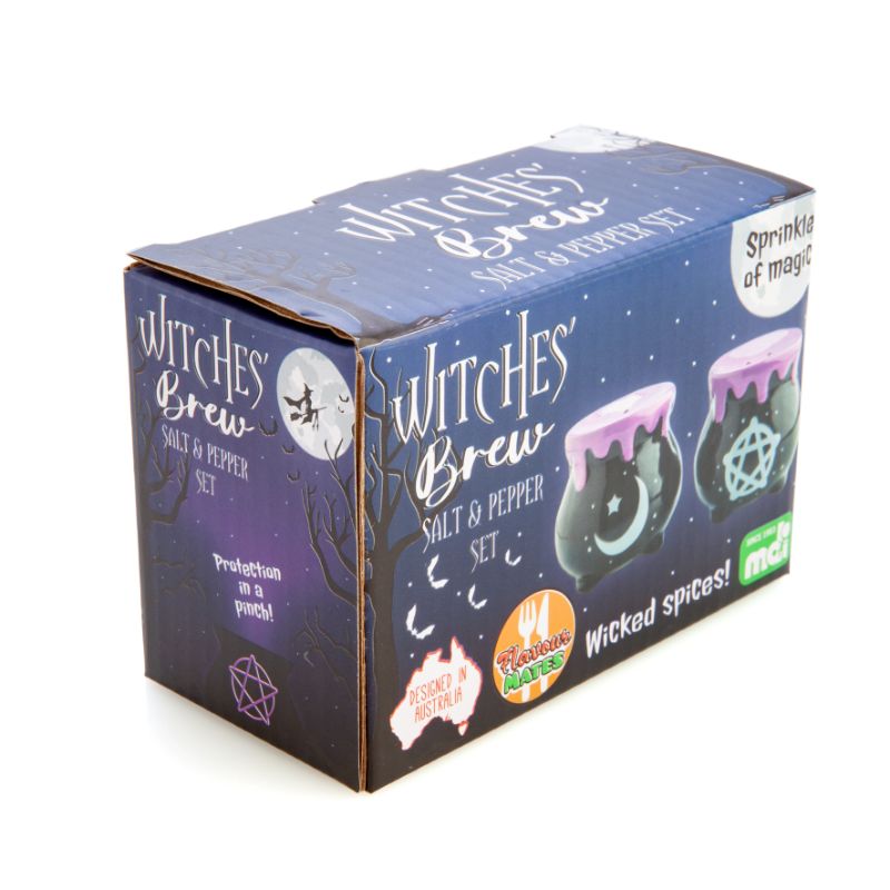 Whimsical salt and pepper shakers shaped like cauldrons, featuring a pentacle and crescent moon design with purple drips.