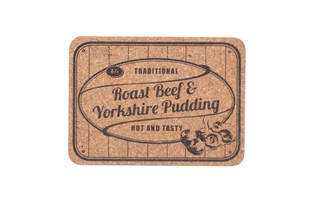 Cork tablemats featuring Steak and Kidney Pie and Roast Beef with Yorkshire Pudding, perfect for stylish dining protection.