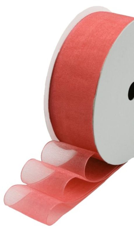 Coral Organza Ribbon roll, 25mm wide and 50m long, perfect for elegant bows and decorations with a sheer, lightweight finish.