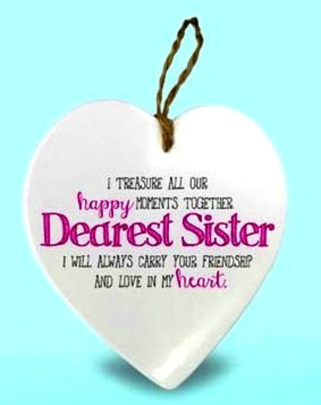 Set of 3 ceramic heart ornaments for sisters, featuring heartfelt messages and measuring 15 x 15cm each.