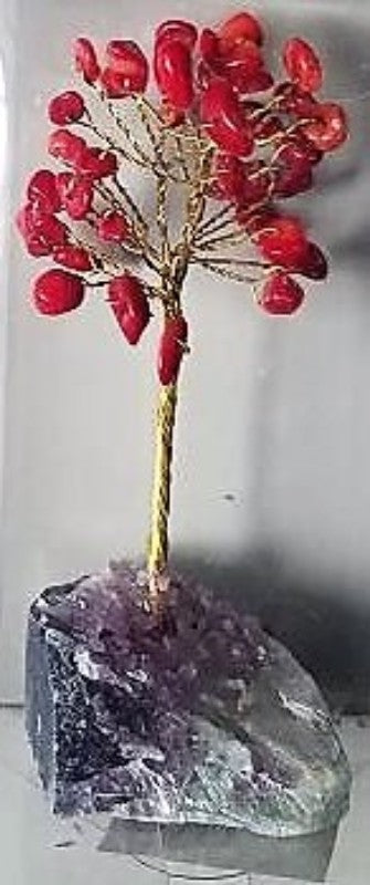 Gemstone tree with vibrant red coral branches on a crystal base, standing 10 cm tall for decorative and holistic purposes.