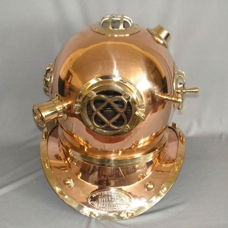 Vintage Brass & Copper Divers Helmet replica, 48x48x52cm, showcasing intricate details and nautical charm for home decor.