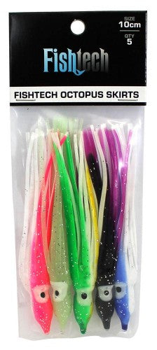 "Pack of 5 vibrant 10cm octopus skirts for lures, enhancing fishing with durable, lifelike movement to attract fish."