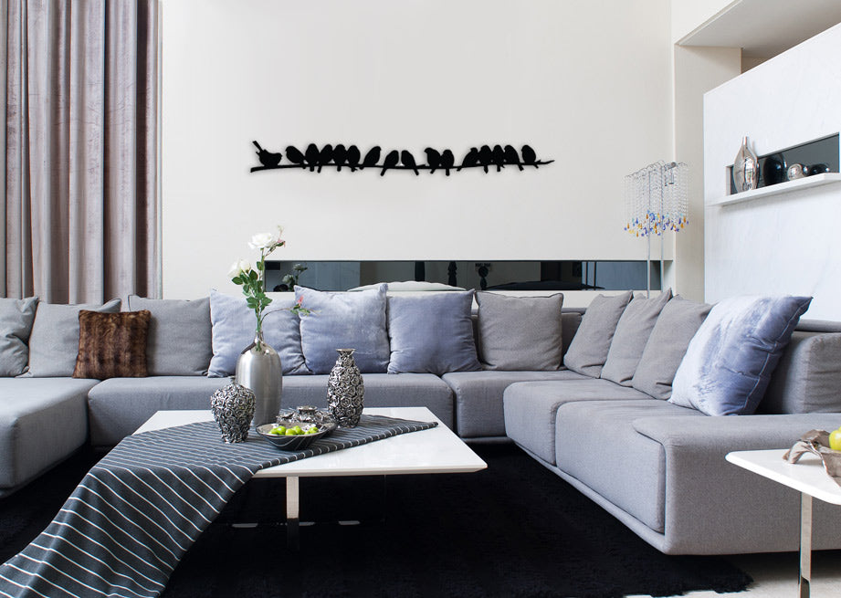Elegant Flock of Sparrows wall art in durable ACM, enhancing any décor with vibrant charm and a sleek modern finish.