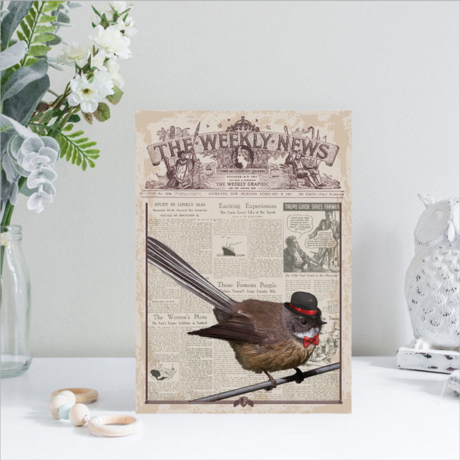 Vintage Kiwiana wall art featuring a fantail, designed for durability and ready to hang, perfect for enhancing home decor.