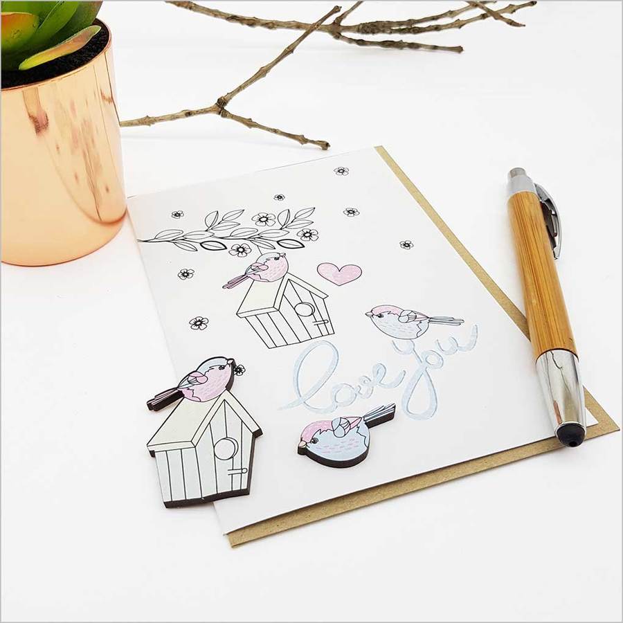 Greeting card featuring charming birds, perfect for expressing love on special occasions, crafted from luxurious 250gsm textured card.