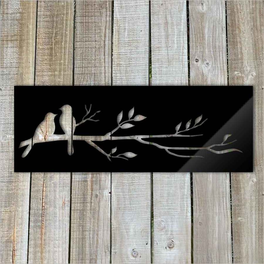 Elegant black wall art featuring birds on a branch, ideal for home decor, lightweight and durable for indoor/outdoor use.