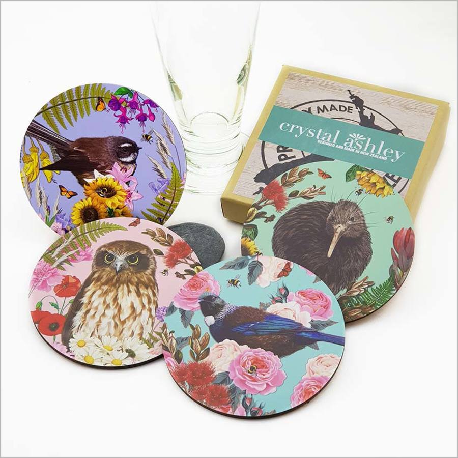 Printed Floral NZ Birds coasters featuring vibrant New Zealand bird designs on durable MDF with a protective cork base.