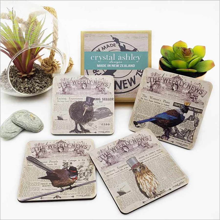 NZ Vintage Birds coasters featuring stunning wildlife prints, sturdy MDF, and cork base for heat protection and elegance.