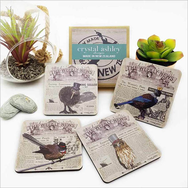NZ Vintage Birds coasters featuring stunning wildlife prints, sturdy MDF, and cork base for heat protection and elegance.