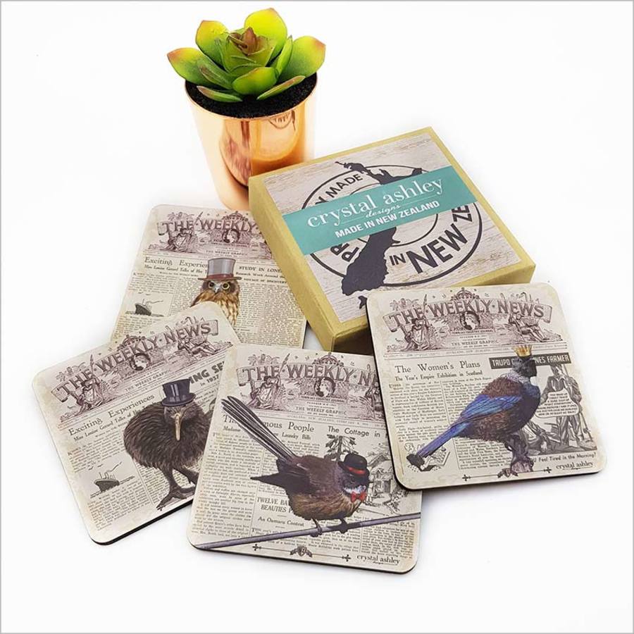 Coasters featuring stunning prints of NZ vintage birds, made from sturdy MDF with cork base for heat and moisture protection.