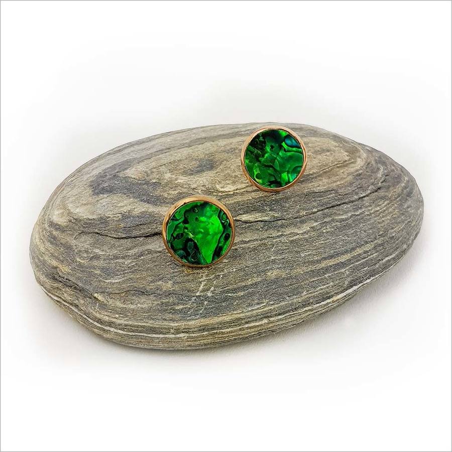 Vibrant 12mm Green Paua Studs with rose gold finish, showcasing the beauty of New Zealand's marine life.