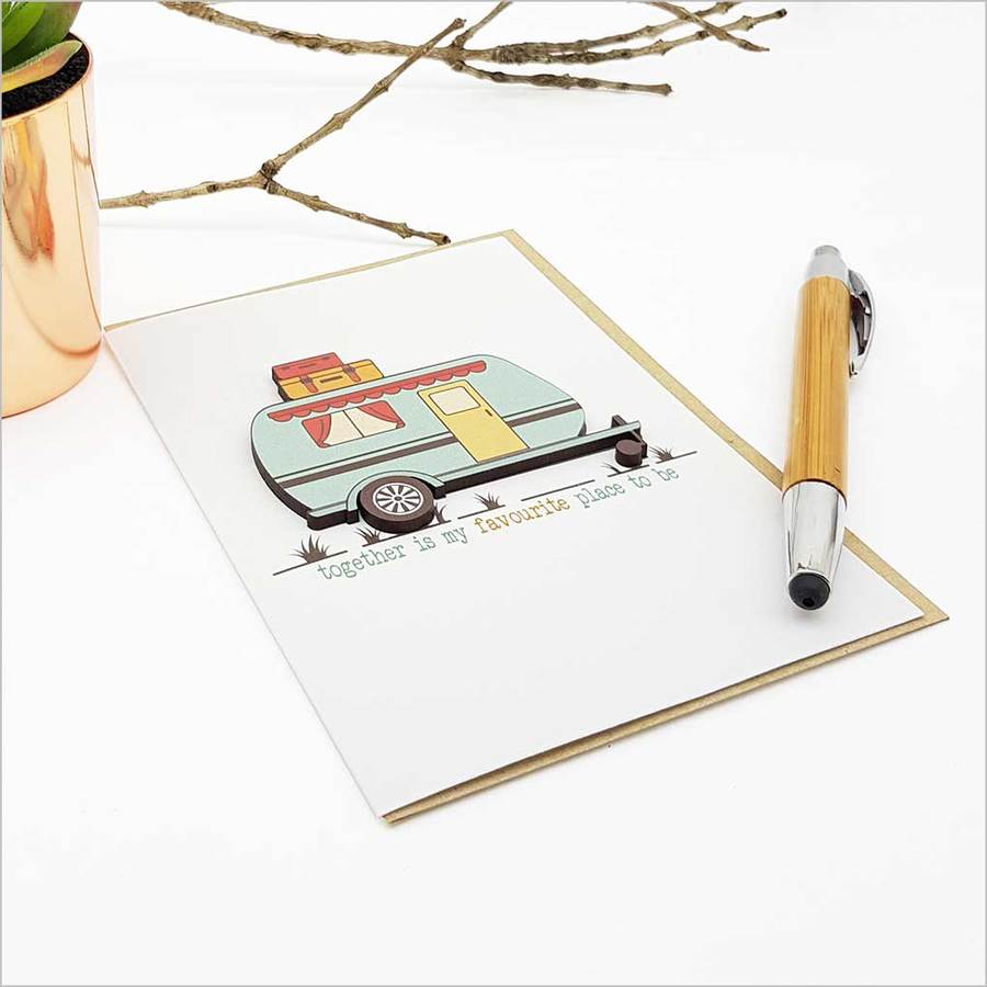 Elegant greeting card with caravan embellishment, crafted in New Zealand on textured card stock, perfect for heartfelt messages.