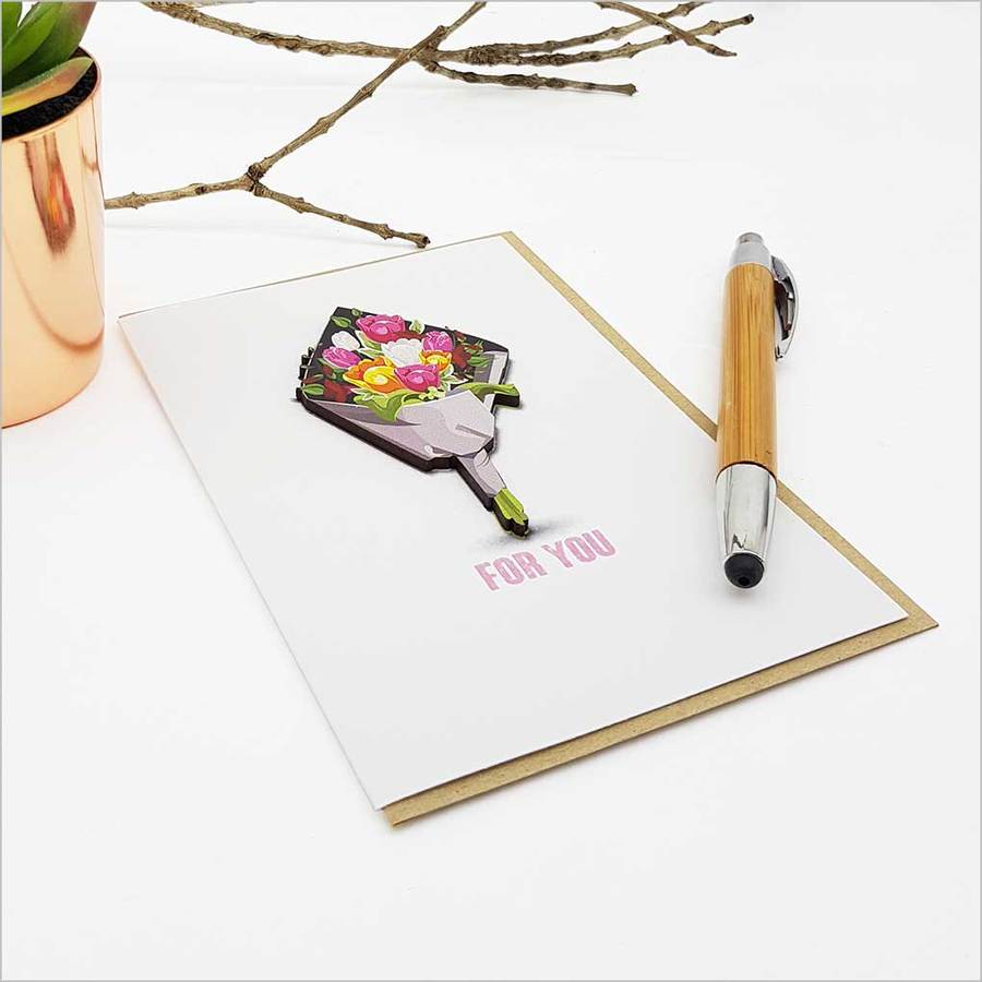 Elegant 'For You' greeting card featuring a tulip bouquet, printed on textured cardstock with a rustic envelope.