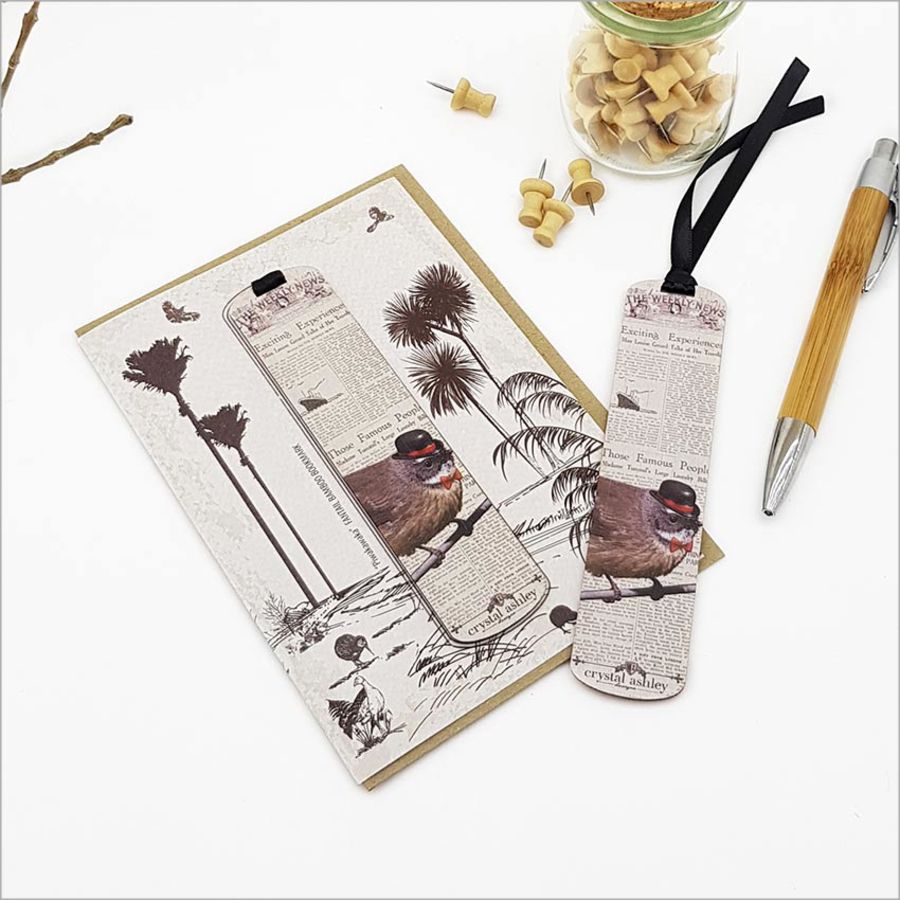 Vintage greeting card featuring a Ruru Morepork design with an eco-friendly bamboo bookmark for nature lovers.