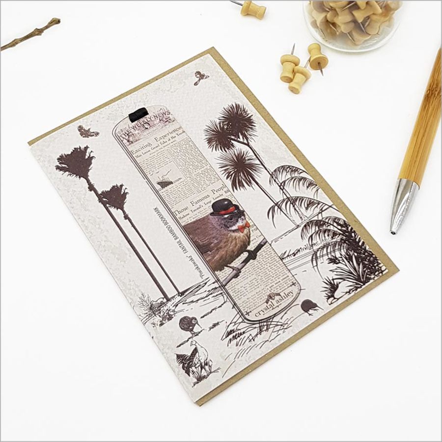Vintage greeting card featuring a beautifully illustrated NZ fantail and a bamboo bookmark, celebrating nature's charm.