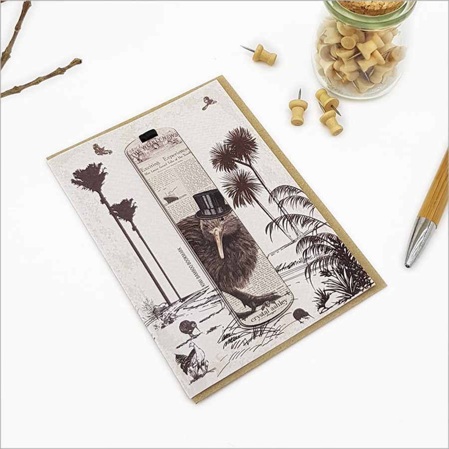 Vintage Kiwi Bookmark Greeting Card featuring a stunning bamboo bookmark and eco-friendly printed artwork celebrating New Zealand's Kiwi bird.