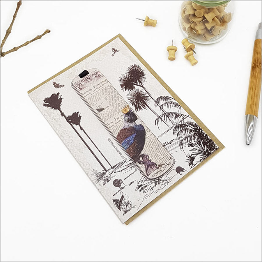 Vintage Tui Bookmark Greeting Card featuring the iconic New Zealand bird, with a gift bamboo bookmark and rustic envelope.