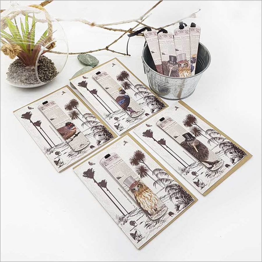 Vintage card featuring a beautifully illustrated fantail bird and a bamboo bookmark, celebrating New Zealand's natural heritage.