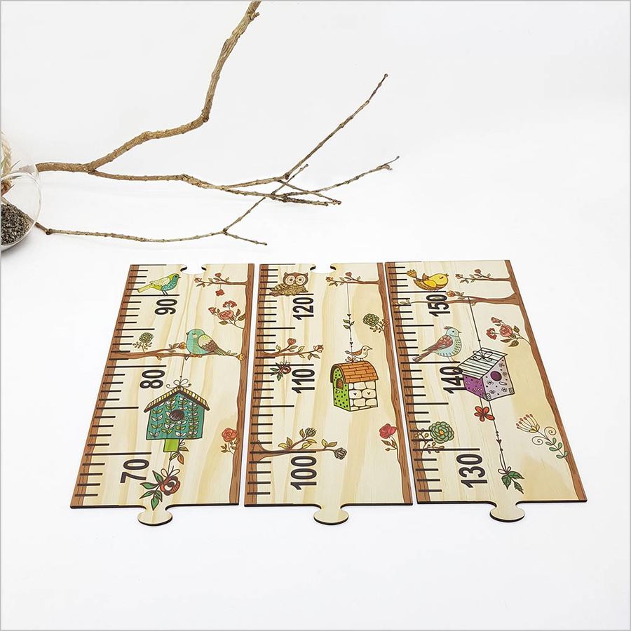 Height chart ruler featuring playful bird design, crafted from eco-friendly pine veneer, measures 1.5m for tracking growth.