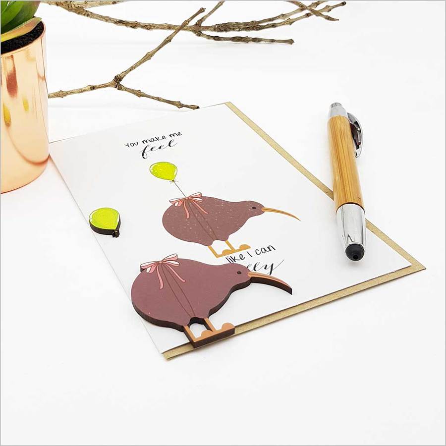 Kiwi-themed greeting card with embellishment, crafted from textured cardstock, ideal for any occasion.