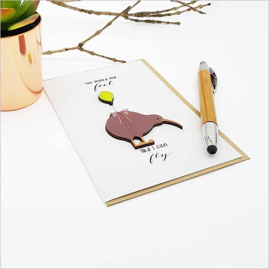 Kiwi-themed greeting card with embellishments, crafted from premium textured cardstock, perfect for any occasion.