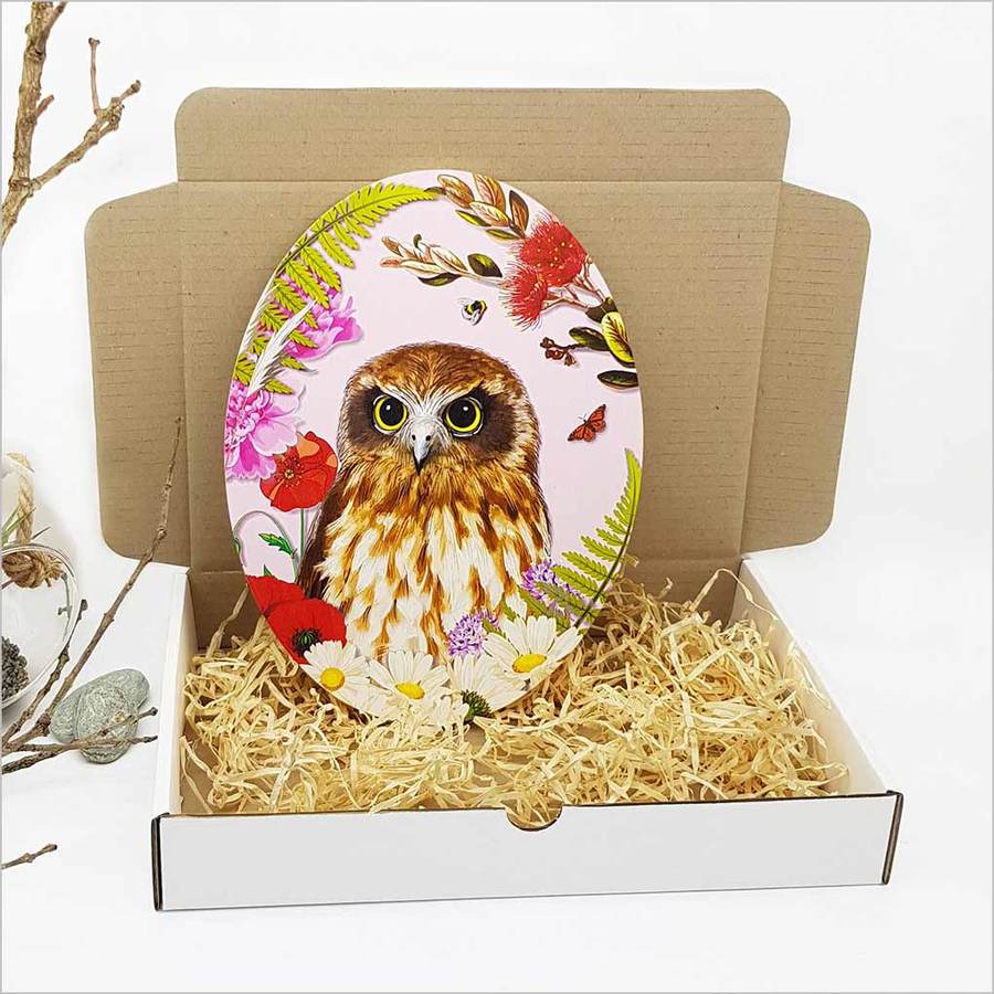 Kiwiana Wall Art featuring a floral design with the Ruru (Morepork) on eco-friendly pine ply, perfect for home decor.