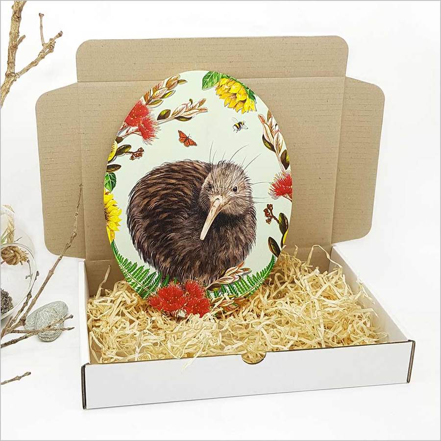 Floral NZ Bird Kiwi wall art on eco-friendly pine ply, measuring 210mm x 280mm, ready to hang or display on an easel.